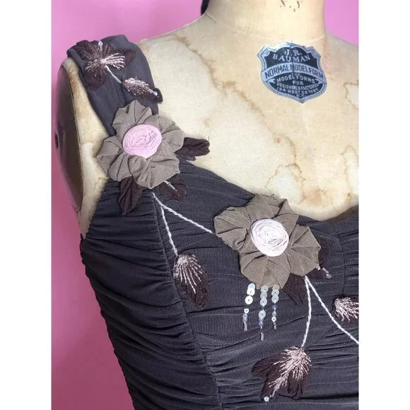 Y2K SUE WONG Chocolate Brown RUCHED Draped Floral Appliqué, Sequins, and Beads,
